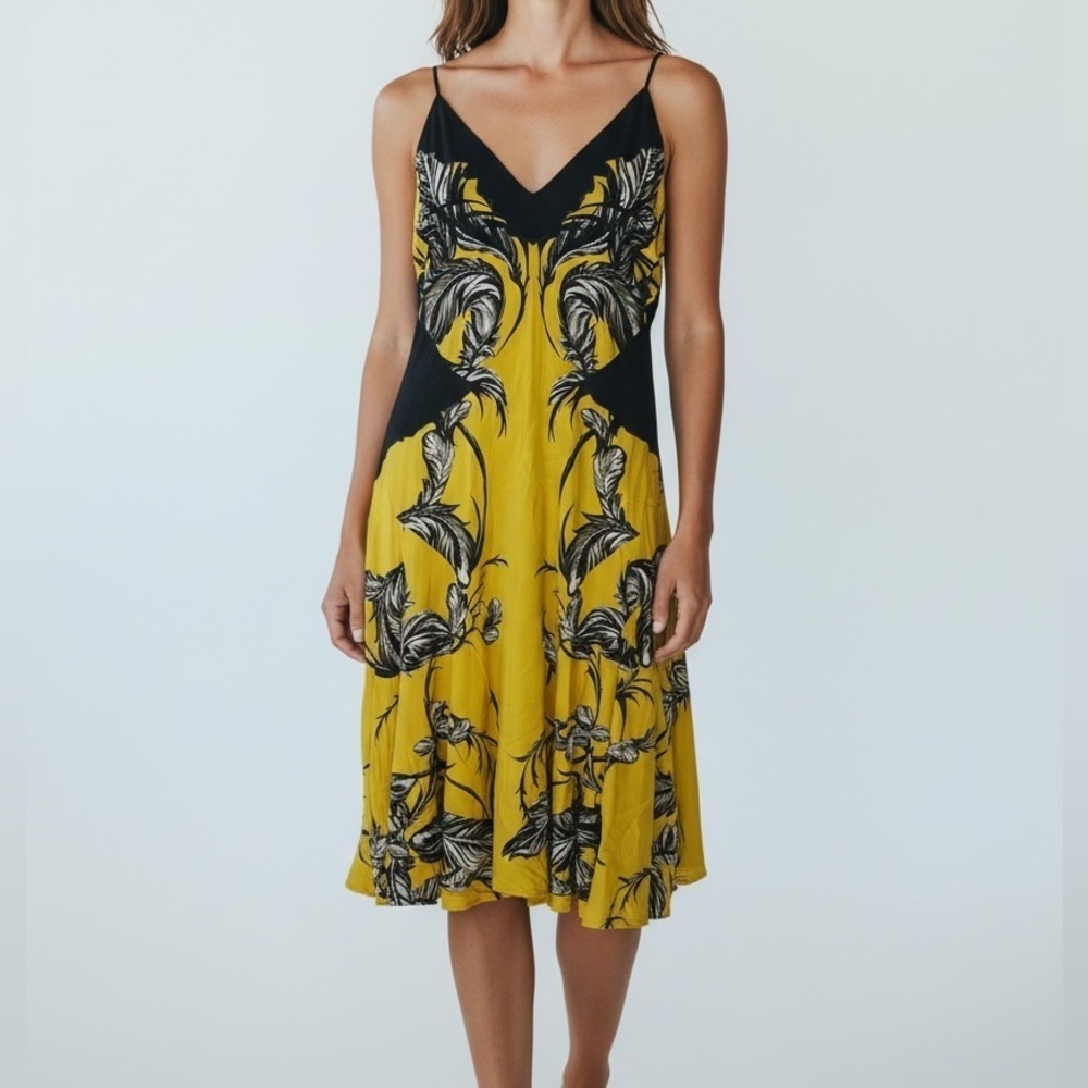 Roberto Cavalli Yellow Feather Black Lace Asymmetrical Slip Dress